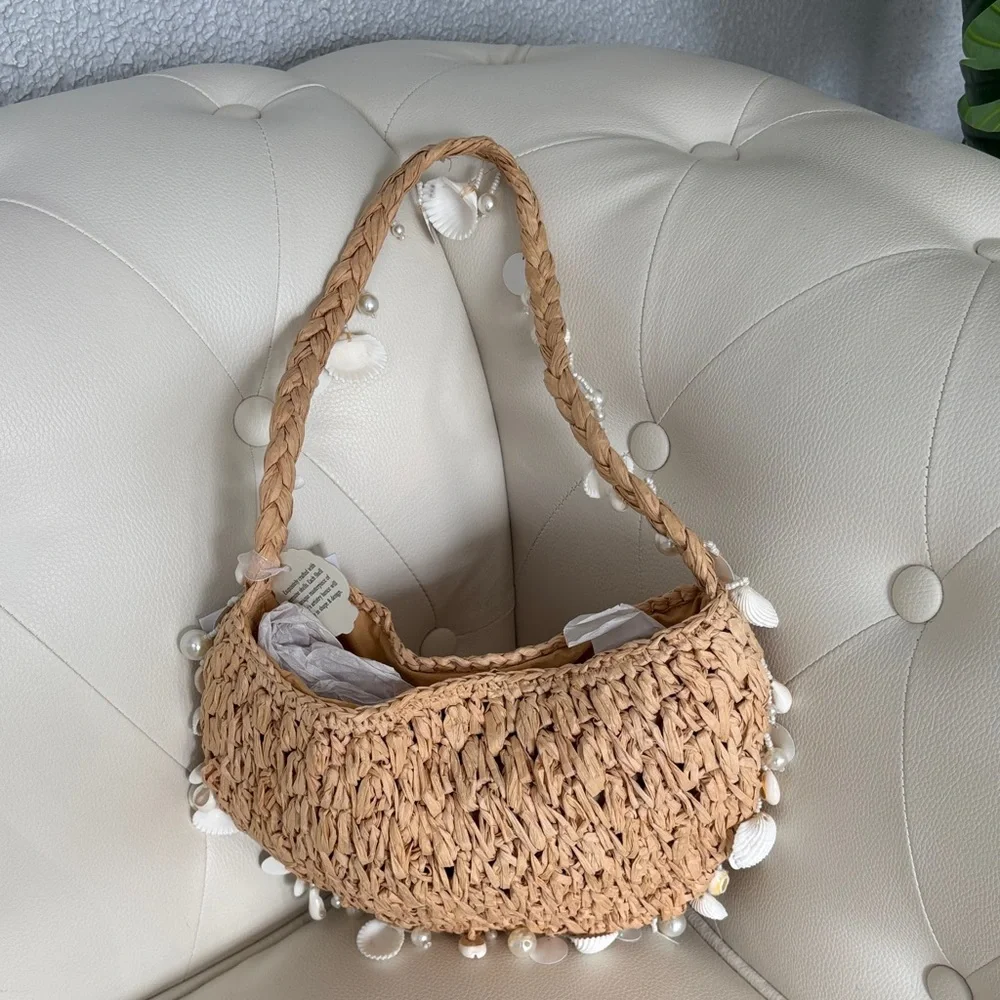 Beige Woven Shoulder Bag with Shell Accents